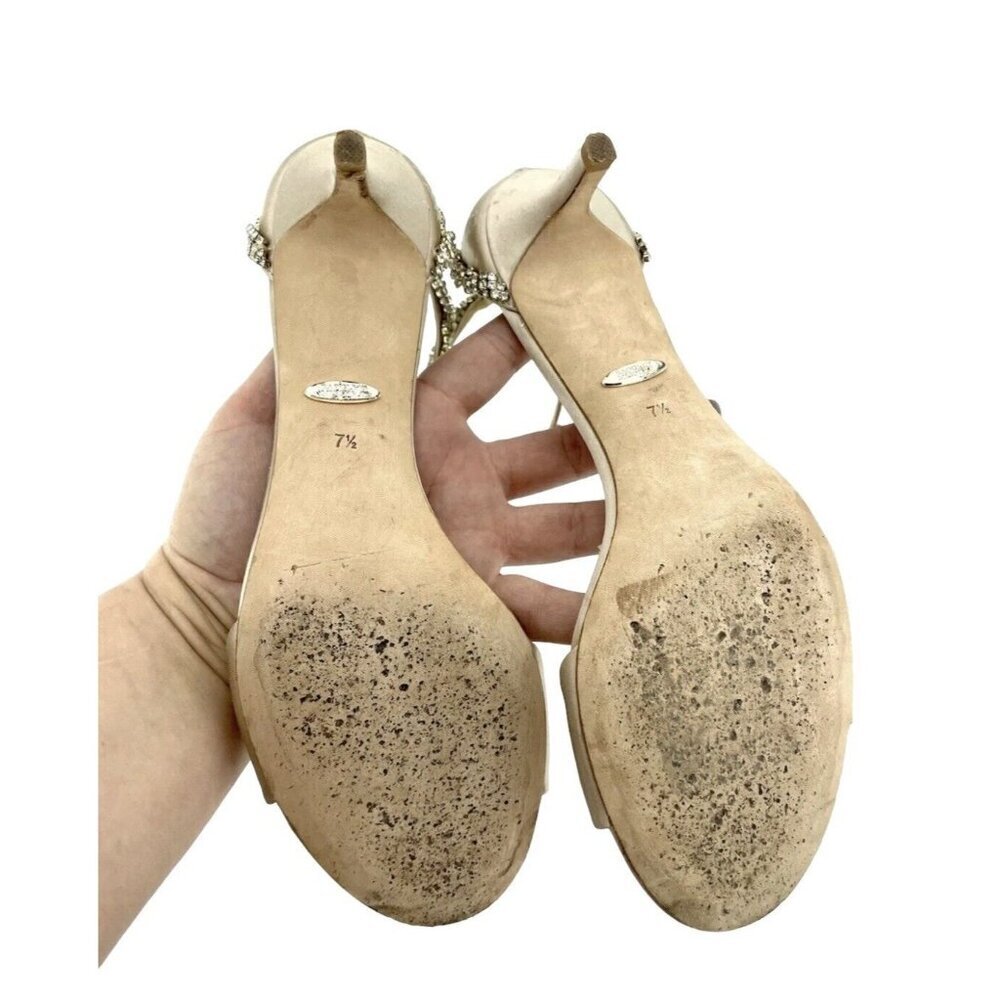 Badgley Mischka Yareli Beige Satin Kitten Heel Rhinestone Sandals SZ 7.5 - Picture 9 of 12